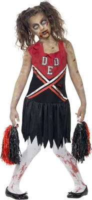 Immagine prodotto di Costume da cheerleader a tema zombie, rosso e nero, con vestito macchiato di sangue e pompon