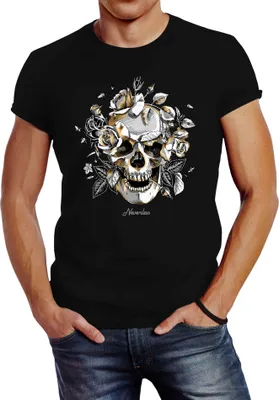 Produktbild von Herren T-Shirt Totenkopf Rosen Skull Roses Schädel Slim Fit Neverless® schwarz XS