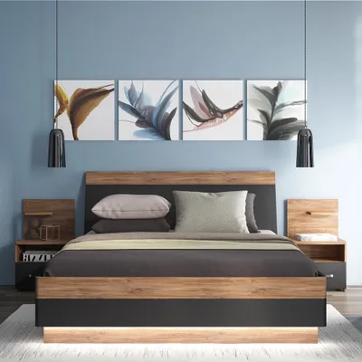 Produktbild von Schlafzimmer Set 3-teilig MANAGUA-129 mit Bett 140x200 in Eiche mit schwarz matt