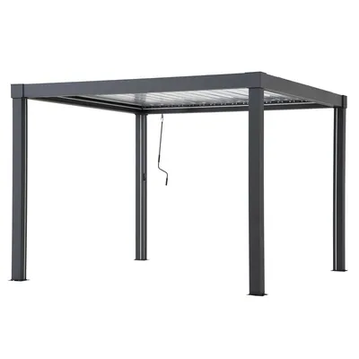 A dark gray pergola with a slatted roof and a crank mechanism is shown against a white background.