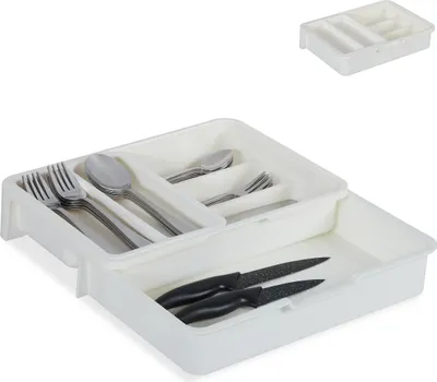 Produktbild von Relaxdays Besteckkasten, ausziehbar, 7 Fächer, für Besteck & Küchenutensilien, Kunststoff, HBT 6x23,5x31,5 cm, weiß
