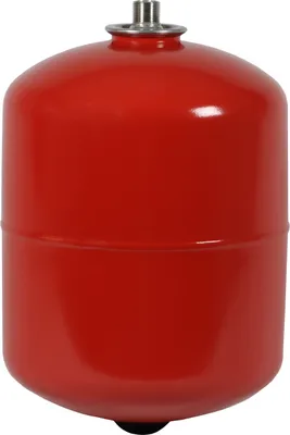 A red expansion tank with a silver fitting on top and a small black component at the bottom.