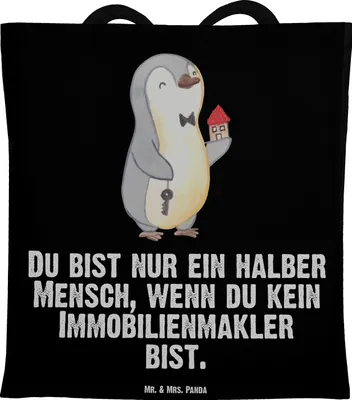Produktbild von Mr. & Mrs. Panda Stoffbeutel Immobilienmakler Herz - Schwarz - Geschenk, Laptoptasche, Jutebeutel, Spruch, Lustig, Tote Bag, Ausbildung, Schultasche, Shopping Tasche