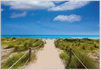 Produktbild von Wallario Wandbild Sandweg zum blauen Meer mit blauem Himmel, Größe: 70,30 x 100,30 cm, Poster mit weißem Kunststoffrahmen