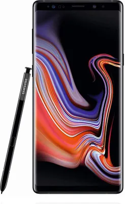 A black Samsung Galaxy Note 9 smartphone with its stylus is shown against a white background.