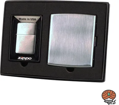 Produktbild von Zippo Geschenk Set Chrome gebürstet + Zigarettenetui mit Messing Bügel