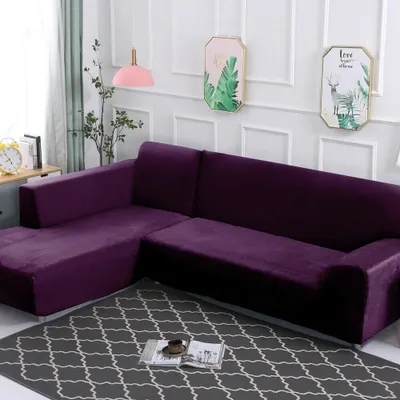 Produktbild von Stretch Samt Sofahusse Sofabezug L-Form Schnittsofa Überwurf 2 Stück Dicker Plüsch Sofabezüge für Ecksofa (2-Sitzer+3-Sitzer),Lila