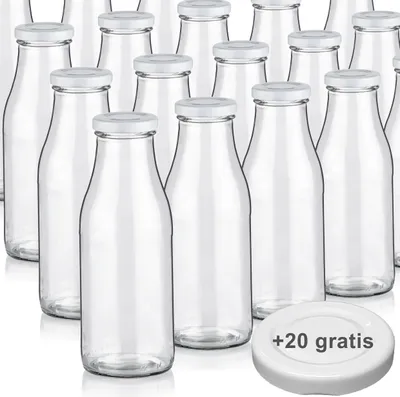 Produktbild von Milchflaschen 0,5L Smoothie Saft Flaschen 500ml leere Glasflaschen Deckel BPA frei, 20 Milchflaschen mit 40 Deckeln