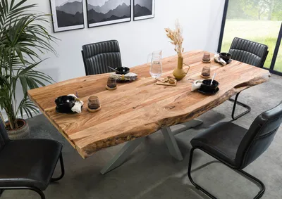 Produktbild von MASSIVMOEBEL24 Baumtisch Sheesham 240x100x77 natur sandgestrahlt / Kreuzgestell silber matt FREEFORM 5