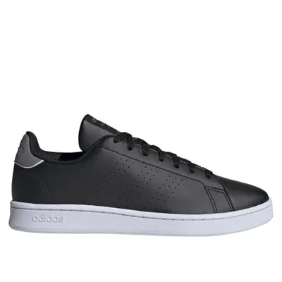 A black Adidas Advantage sneaker with a white sole is shown against a white background.