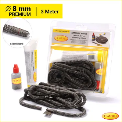 Produktbild von Temprix Kamindichtung & Ofendichtung Ø 8 mm Premium - 3 Meter inkl. Kleber | feuerfeste Ofenschnur, Kaminschnur & Dichtband bis 650°C temperaturbeständig | Dichtung für Kamin, Ofen & Grill