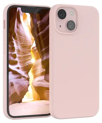 A pink iPhone 13 Mini case is shown with the phone inside, displaying a canyon wallpaper.