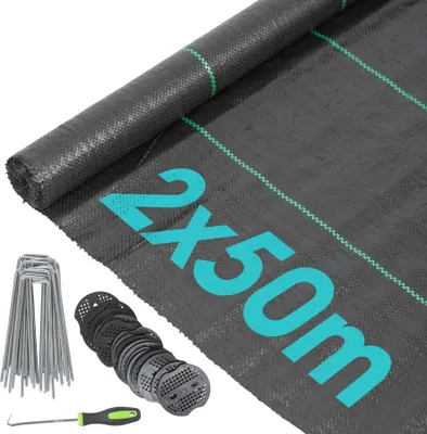 Produktbild von Harbour Housewares 110 g/m² Unkrautbekämpfungsmembran-Set mit Heringen und Platten – 2 m x 50 m (2 Rollen)