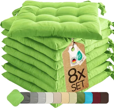 Produktbild von Sitzkissen Stuhlkissen Indoor & Outdoor 8er Set 40x40 cm - Apfelgrün - etérea Stuhl Kissen Auflage mit Bändern