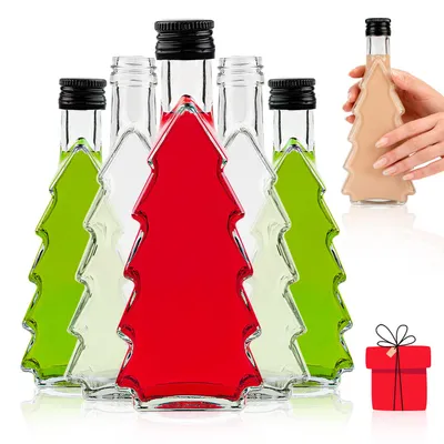 A collection of Christmas tree-shaped glass bottles filled with different colored liquids, with one bottle being held by a hand in the background and a gift box icon in the lower right corner.