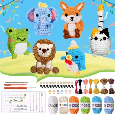 Immagine prodotto di Kit per principianti per l'uncinetto, set per realizzare 6 animali amigurumi, completo di filato e accessori, con istruzioni video