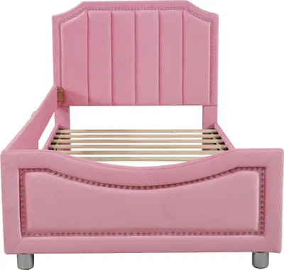 Produktbild von Flieks Polsterbett 90x200cm mit Lattenrost, Kinderbett Jugendbett mit Rausfallschutz, Schlafsofa Sofabett Einzelbett, Samt, Rosa