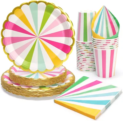 Productafbeelding van Partyserviesset - 96-delig - Themafeestserviesset - Gekleurd gestreept circus-thema - Verjaardagsservies