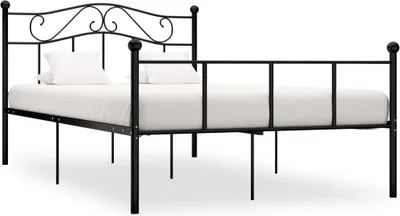 A black metal bed frame with a white mattress and two white pillows, shown against a white background.