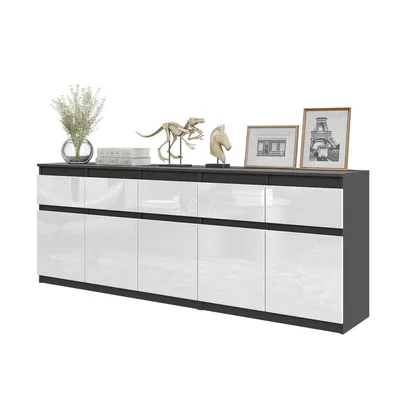 Immagine prodotto di Cassettiera NOAH Antracite / Bianco Lucido – Grande Cassettiera per Camera da Letto con 5 Cassetti e 5 Ante, Set di Mobili L200 x H75 x P35 cm