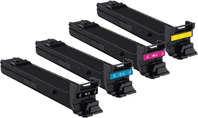 Four toner cartridges are arranged diagonally on a white background.