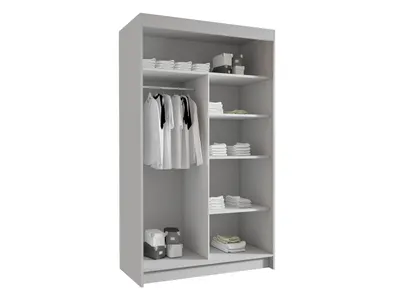 An open wardrobe with clothes hanging and folded items on shelves.