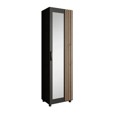 Produktbild von Garderobenschrank LIVIA Schwarz – Flur-Hochschrank mit Spiegel, Lamellen in Eiche Artisan, Universell links/rechts montierbar