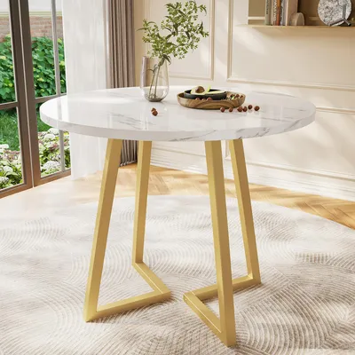 Produktbild von Runder Luxus-Esstisch (Ø 80 cm) in Weißer Marmor-Optik, Moderner Küchentisch mit goldenem Design-Metallgestell, Stabiler Bistrotisch für 2-3 Personen, Weiß/Gold