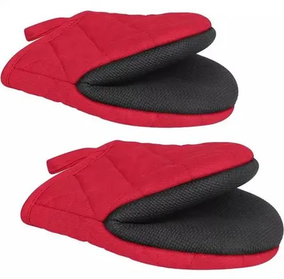 Image de Gants de cuisine Unyqoos®, lot de 2 – isolants thermiquement, résistants à la chaleur jusqu'à 500 °C, en polyester, réutilisables, 14 x 20 cm, couleur rouge