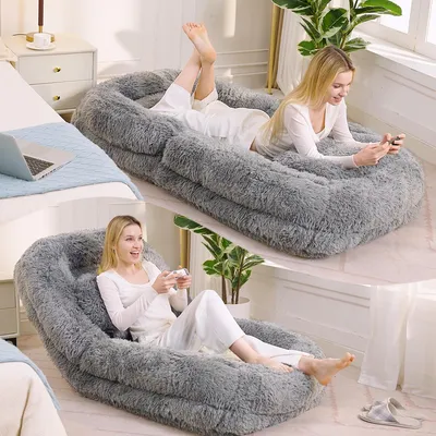 Image de Lit pour chien et humain, canapé relax, réglable en 5 positions, fauteuil de jeu pour le sol, couleur gris clair en peluche