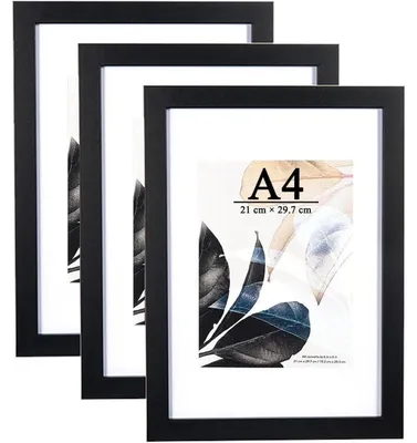 Produktbild von Bilderrahmen A4 3er Set Schwarz Echtholz mit Passepartout für 15x20cm Bilder