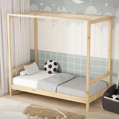 Produktbild von ML-Design Kinderbett Fußballtor 80x160 cm, Natur, Einzelbett für Kinder, Holzbett mit Lattenrost & Tornetz, Jugendbett aus Kiefernholz, Handballtor