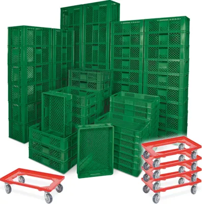 Produktbild von 78 Stück Stapelkörbe/Bäckerkästen in 5 Größen, Grundmaß LxB 600 x 400 mm, H 90 mm, 150 mm, 240 mm, 320 mm, 410 mm, Farbe grün + 5x Transportroller, rot