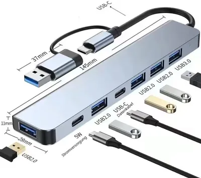 Produktbild von USB C 7 in 2 Adapter USB 3.0 Verteiler Splitter TV Notebook Laptop Smartphone