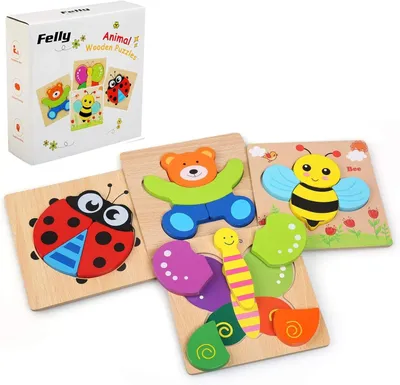 Produktbild von Holzpuzzle Baby, Holzspielzeug ab 1 2 3 Jahren, 4 Stück Steckpuzzle Tier