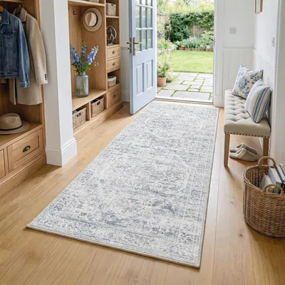 Obrázek produktu pro Koberec Läufer, modrá barva, 60x180 cm, omyvatelný, vintage styl, vhodný do kuchyně, protiskluzový, nízký vlas