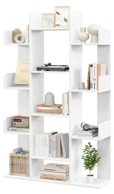 Produktbild von Bücherregal in Baumform mit 13 Ebenen, Aufbewahrungsregal aus Holz, Raumteiler für Wohnzimmer, Arbeitszimmer und Büro, 86 x 24,5 x 141 cm (Weiß)