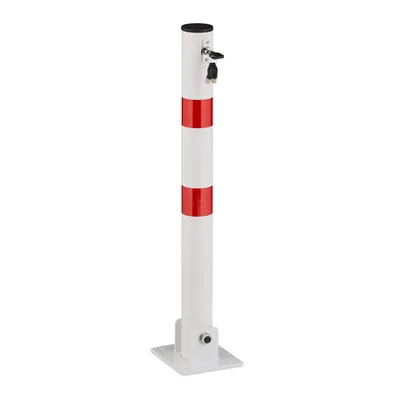 Produktbild von 8 x Absperrpfosten, klappbar, Stahl, Parkplatz Absperrung, H: 65 cm, abschließbar, runder Parkpfosten, weiß/rot