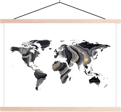 Produktbild von MuchoWow® Textilposter Weltkarte - Gold - Linie 40x30 cm mit holzfarbenen Rahmen - Bilder