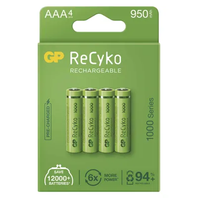 Image de 4 x AAA / R03 wiederaufladbare Batterien GP ReCyko 1000 Serie Ni-MH 950mAh