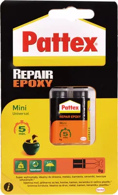 The image shows the packaging of Pattex Repair Epoxy Mini Universal.