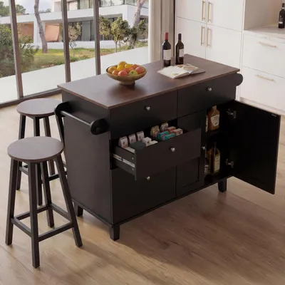 Produktbild von Kücheninsel MCW-P62 mit 2 Sitzhockern, Küchenschrank Schublade Staufächer MDF 90x131x47cm schwarz, dunkles Holz