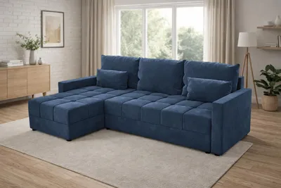 Zdjęcie produktu dla Narożnik DOMINO L z funkcją spania 120x200, pojemnik na pościel, uniwersalny L/P, Kronos 09 granatowy, 226 cm