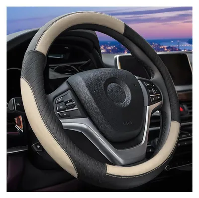 Obrázek produktu pro Univerzální potah na volant do auta, 38 cm, z pravé kůže, prodyšný, sportovní design, protiskluzový, černá/béžová barva