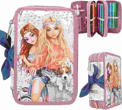 Produktbild von Federtasche TOPModel VELO FLEUR 3-Fach, gefüllt mit 18 Bunt- und Filzstiften, 2 Bleistiften,, Anspitzer, Radierer, Lineal, Schere, Klebestift,, Klett-Täschchen, Material: 100% recyceltes Polyester