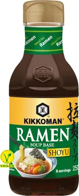 A bottle of Kikkoman Ramen Soup Base, Shoyu flavor, with a depiction of ramen in a bowl.