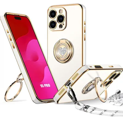 Image de Coque pour iPhone 15 Pro, Silicone Souple Anti-Rayures avec Cordon et Anneau Rotatif Brillant - Blanc