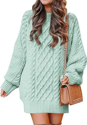 Produktbild von ASKSA Damen Pulloverkleid Rundhalsausschnitt Langarm Zopfmuster Rollkragen Chunky Pullover Kurze Pulloverkleider, Hellgruen, XL
