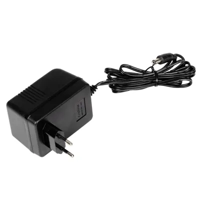 A black power adapter with a cord and plug.