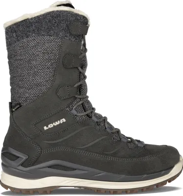 A single grey winter boot is shown against a white background.